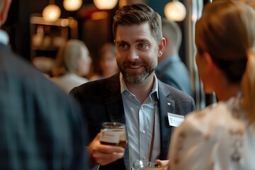 Businessman networking and socializing at a corporate event, enjoying drinks and conversation with colleagues