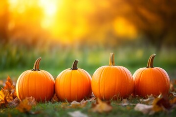 Wall Mural - Autumn harvest: four pumpkins in the field at sunset, background with copy space