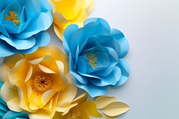 Wall Mural - Abstract background with blue and yellow paper flowers on white,