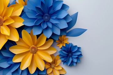 Wall Mural - Abstract background with blue and yellow paper flowers on white,