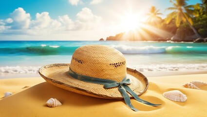 Wall Mural - Straw hat on a tropical beach with sea and sky background.