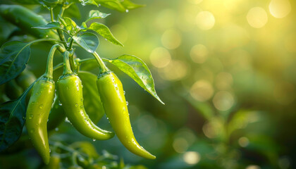 Wall Mural - Green Chili Peppers on a Branch in the Sunlight