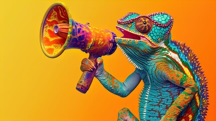 Wall Mural - Colorful chameleon holding a megaphone on a yellow background. Studio animal portrait. Communication and announcement concept. Design for poster, banner, greeting card, invitation. Close-up shot.