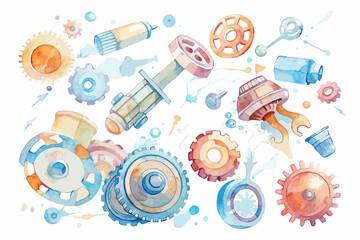 Wall Mural - Delicate watercolor brushstrokes bring to life stunning image of machinery and mechanical components floating on white background, ready to be collected., gentle