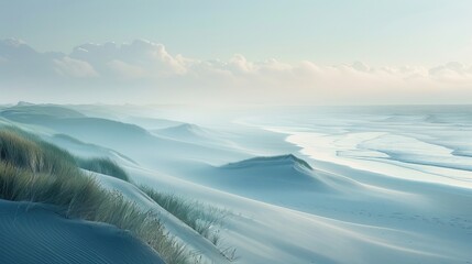 North Sea coast with misty morning light, sand dunes creating soft contours, detailed landscape view, serene and tranquil atmosphere