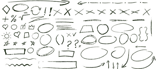 Wall Mural - black underline pencil hand drawn various ellipses, punctuation marks, direction pointers, arrows, s