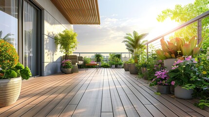 Wall Mural - Beautiful of modern terrace with wood deck flooring, green potted flowers plants and outdoors furniture. Cozy relaxing area at home back yard. copy space for text.