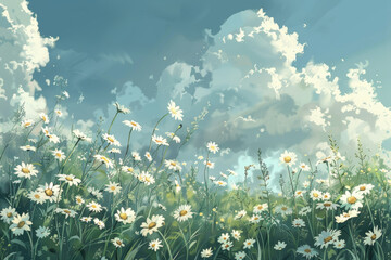 A field of white flowers with a cloudy sky in the background