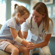 © VRAYVENUS - Image of medical professional gently bandaging a child patient, a procedure often performed after a minor injury or surgery to protect and promote healing, medical clinic or first aid.