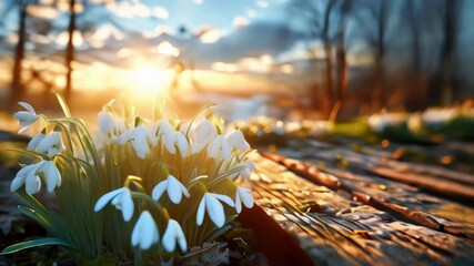 Poster - Snowdrops blooming at sunset in spring