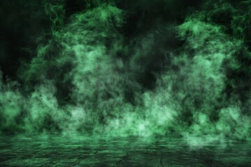 Mysterious green fog over dark cobblestone surface