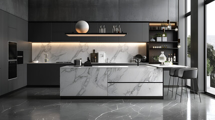 Panoramic modern kitchen interior background, Generative AI
