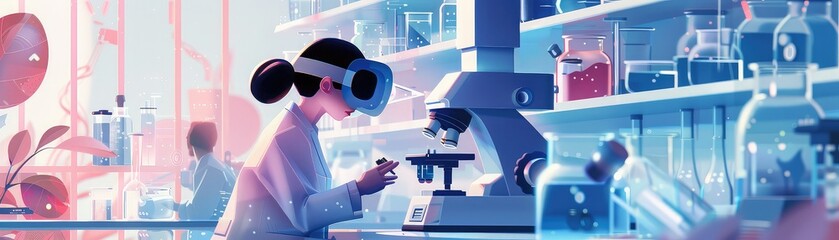 Scientist working with augmented reality glasses in a lab, paper cut style, pastel tones, digital