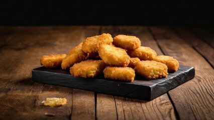 Sticker - Intimate Portrait of Crispy Golden Brown Fried Chicken Bites on Rustic Wood Table