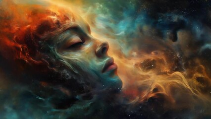 a woman's face surrounded by fiery energy floating in outer space