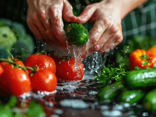 Close-up of hands cleaning fresh vegetables under running water, kitchen setting, emphasis on health and hygiene