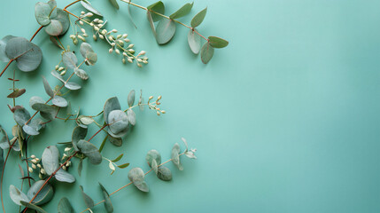 Wall Mural - Eucalyptus leaves and pink buds on a light green background with copy space for text, top view. A flat lay style in the minimalist concept of spring or summer nature.


