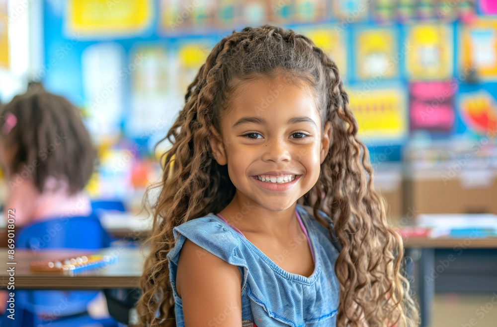 Happy young girl with curly hair, sitting in a vibrant classroom ...