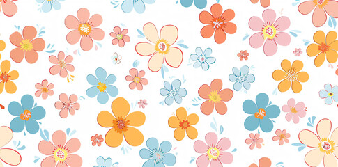 Poster - Floral seamless pattern with colorful daisies on a white background. Vector illustration of retro groovy flowers in the flat style. Colorful flower cartoon