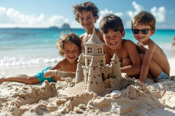 Family building sandcastle on the beach, blue ocean backdrop, children smiling