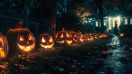 Wall Mural - a spooky halloween night with a row of carved pumpkins along a path, each one with a unique face, il