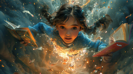 Wall Mural - Little girl floating in the universe reading a glowing book