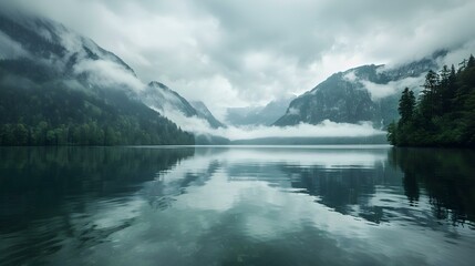 Sticker - Low clouds over a mountain lake picture