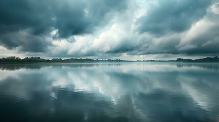 Wall Mural - Low clouds over the lake image