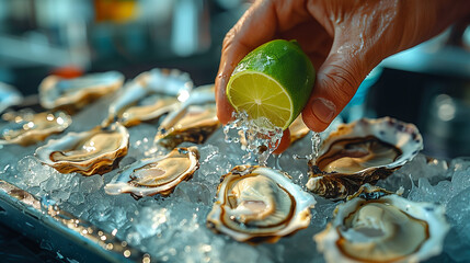 Sticker - Close-up of hands squeezing lemon juice on oysters