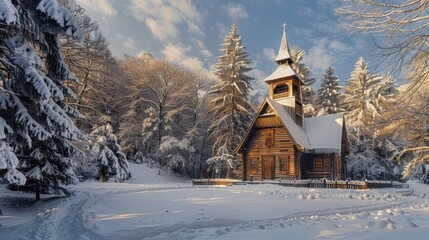 Wall Mural - A wooden church stands in a snowy forest, bathed in the warm light of the winter sun