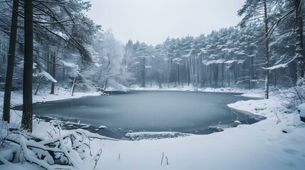 Wall Mural - Winter landscape with a frozen lake