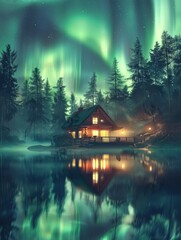 a cozy cabin nestled in a forest, illuminated by the vibrant green glow of the aurora borealis refle