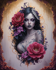 Wall Mural - beautiful flower girl tattoo illustration 