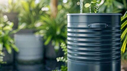 Sustainable rainwater harvesting setup with water barrel, plastic bucket, ecological reusing water concept, detailed backyard scene