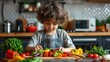 © evgenia_lo - A young child is in a kitchen, cutting up vegetables on a cutting board. The vegetables include peppers, tomatoes, and lettuce. The child is wearing an apron and he is enjoying the activity