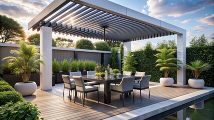 Luxurious modern patio boasting sleek white pergola, stylish black dining set, and lush potted plants in harmonious simplicity.