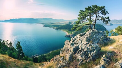 Wall Mural - Beautiful summer panoramic landscape with view from hill to lake Baikal shore and Angara source Chersky stone in Listvyanka village at Baikal lake coast Amazing siberian nature Siberia : Generative AI