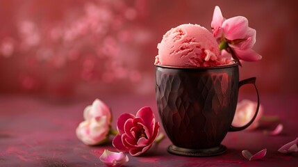 Wall Mural - Watermelon ice cream with chestnut flowers in a moscow mule glass maroon background