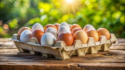 Wall Mural - Freshly arranged carton of brown and white eggs on a rustic wooden table against a soft, natural background setting.
