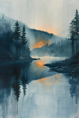 Wall Mural - Illustration of sunrise over the lake in 