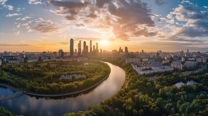 Panorama of Moscow at sunset Russia Nice landscape scenery of city park and Strogino district in Moscow northwest Aerial panoramic view of Moskva River bays Scenic Moscow skyline in su : Generative AI