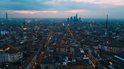 Wall Mural - Milan Italy aerial overview of the cityscape at dusk : Generative AI