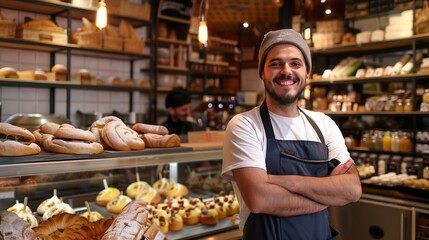 Aufkleber - Bakery cafe and male owner for business portrait and smile for small scale restaurant and service Kitchen pastry and baker for entrepreneur in hospitality shop and man for food industr : Generative AI
