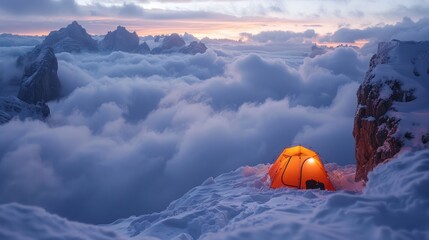 Wall Mural - A small orange tent is set up on a snowy mountain