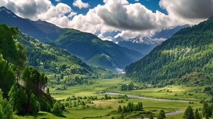 Wall Mural - Beautiful landscape of green field and mountain in Himalayas, Nepal, Panorama view of Paro valley, Bhutan