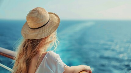 Wall Mural - Woman wearing a straw hat looking out at the vast ocean from a ship, symbolizing relaxation and travel.