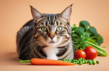 Portrait of  tabby happy cat with vegetables on peach background. Vegetable menu for cats. Healthy cat nutrition