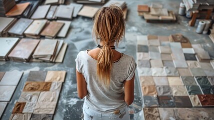 Wall Mural - A woman stands in front of a wall of tiles, with her arms crossed
