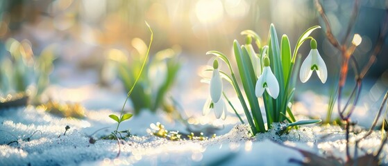 Wall Mural - banner blossom snowdrops on a clearing in the snow in spring, spring concept, nature awakening