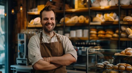 Canvas Print - Bakery cafe and male owner for business portrait and smile for small scale restaurant and service Kitchen pastry and baker for entrepreneur in hospitality shop and man for food industr : Generative AI